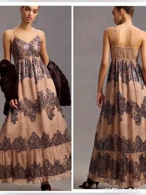 Anthropologie Let Me Be Deep-V Neck Sequin Smocked Long Maxi Dress New with Tags
